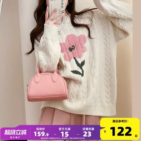 唐狮2025秋冬季女毛衣绞花肌理艺术花朵图案圆领套头时尚设计商品大图