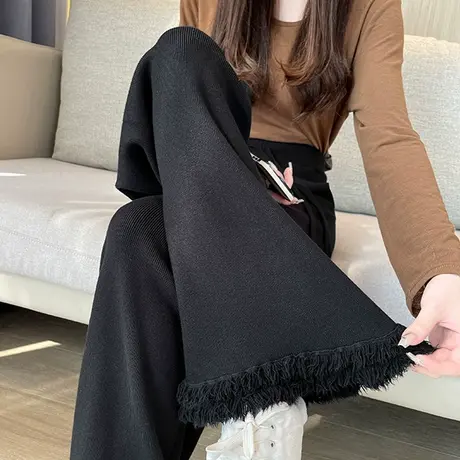 毛边针织阔腿微喇裤女2023秋冬季新款休闲显瘦高腰垂感直筒拖地裤商品大图