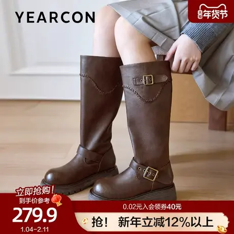 意尔康加绒高筒骑士靴女2025冬新款厚底小个子显瘦大筒围西部长靴图片