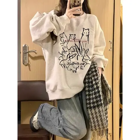设计感印花圆领卫衣女秋冬季加绒加厚宽松韩系慵懒风上衣外套潮牌商品大图