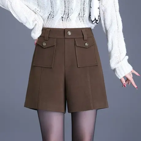 毛呢休闲短裤女秋冬2023新款阔腿裤高腰宽松时尚直筒裤百搭靴裤子商品大图