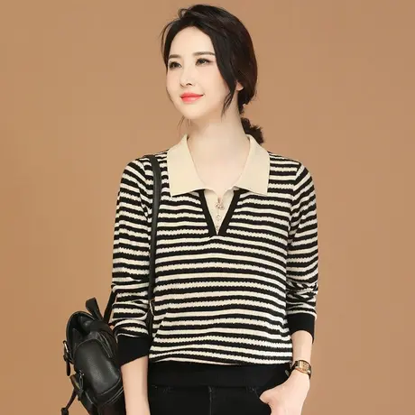 【冬上新8.5折】复古气质POLO领条纹针织衫百搭时尚上衣商品大图