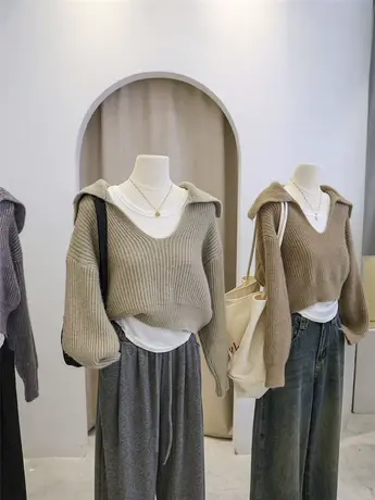 海军领短款毛衣女小个子别致高腰时尚上衣+内搭背心打底衫两件套图片