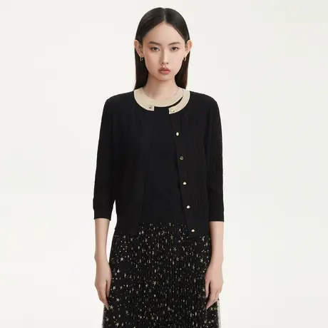 LANCY/悦朗姿2023新款撞色针织开衫女七分袖通勤短款外套女商品大图