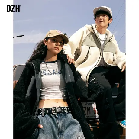 DZH情侣羊羔绒连帽外套男冬季重磅加厚棉衣男士2023新款拼接棉服商品大图