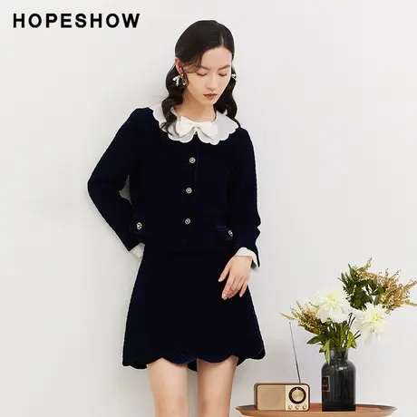 红袖outlets千金风丝绒短外套hopeshow2023秋款拼接单排扣上衣女商品大图