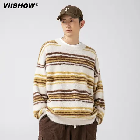 VIISHOW圆领条纹毛衣秋冬款长袖上衣宽松男款023新款套头针织线衣图片