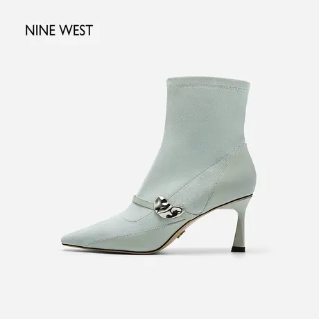 Nine West/玖熙时装靴女2023秋冬新款银扣绊带短靴细跟尖头瘦瘦靴图片