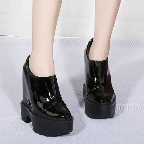 皮鞋女英伦风高跟漆皮内增高女鞋13cm厚底松糕鞋浅口真皮休闲单鞋商品大图