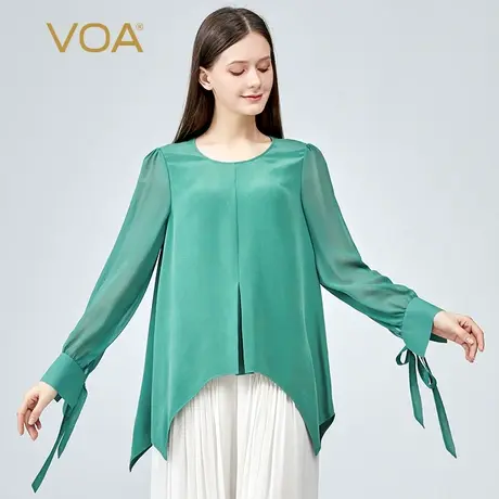 VOA真丝30姆米重磅绿色圆领衬衫长袖清爽透气圆弧尖角摆桑蚕丝T恤图片