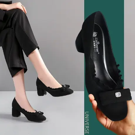 春季新款手工真皮舒适单鞋圆头粗跟甜美高跟鞋女百搭职业女鞋图片