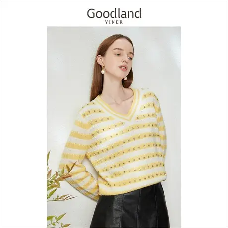 *Goodland美地女装2023春季通勤羊绒条纹亮色钉珠针织衫套头商品大图