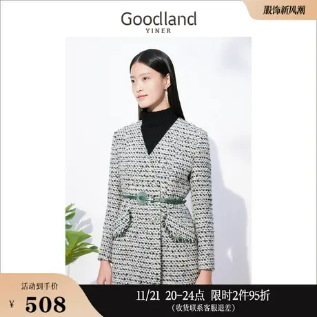 【小香风】Goodland美地女装冬季宽松v领条纹羊毛呢外套商品大图