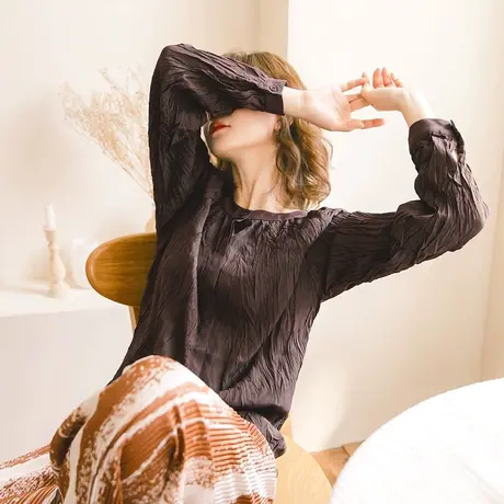 桔熊春秋季通勤无领衬衫纯色褶皱皱布收腰长袖上衣大码AB14391图片