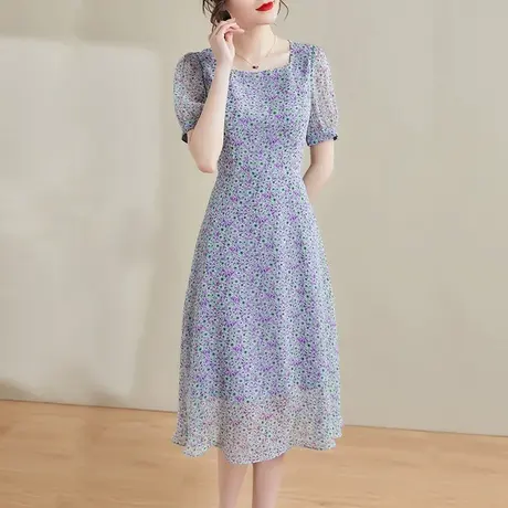 【2件7.5折】时尚中长款雪纺印花连衣裙夏季新款收腰显瘦连身裙子商品大图