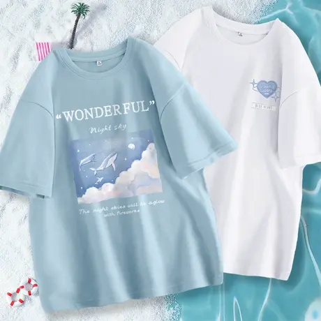 真维斯LIFE奶蓝色短袖t恤女夏季chic港味复古纯棉圆领半袖体恤潮商品大图