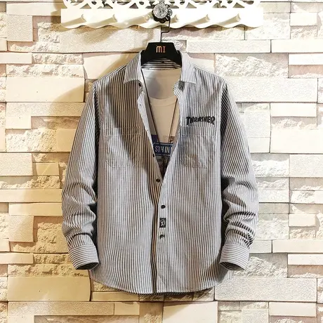 长袖衬衫男士韩版2023新青年竖条纹格子寸衫外套男装帅气潮流上衣商品大图