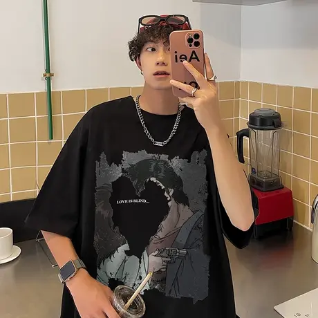 夏季潮流短袖t恤男港风创意人物印花休闲上衣圆领百搭薄款体恤衫商品大图