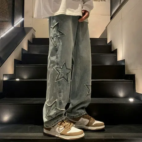 做旧补丁破坏设计感牛仔裤男春秋季潮牌宽松休闲长裤拼接直筒裤子商品大图