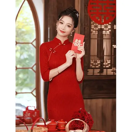 中式敬酒服旗袍2023新款年轻款新娘订婚礼服回门结婚连衣裙红色秋商品大图