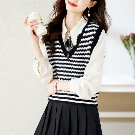 马甲女新款2023爆款春装V领针织衫背心条纹套头马夹坎肩外搭毛衣商品大图