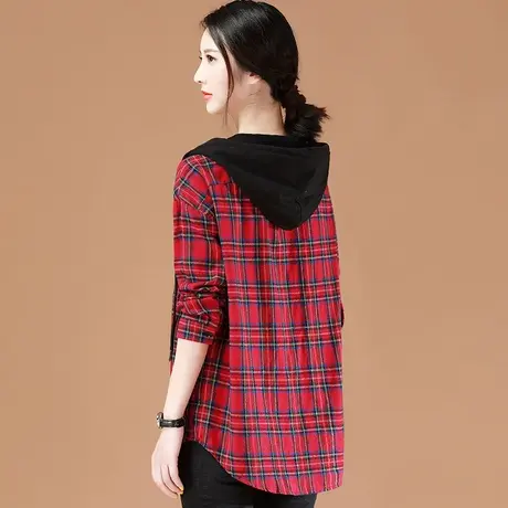 韩潮袭人衬衫外套女2024新款春装韩版宽松中长款连帽格子棒球服图片