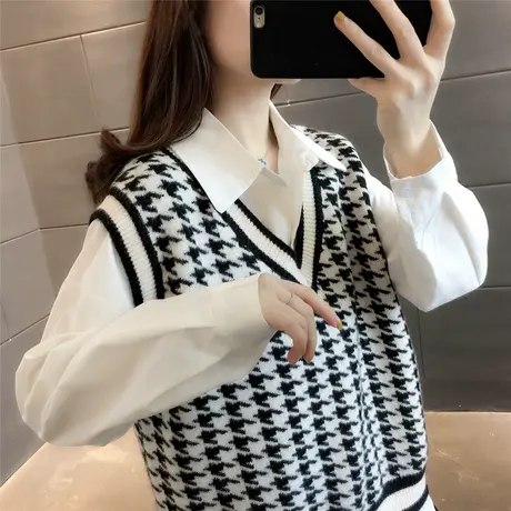 韩版复古千鸟格毛衣背心女宽松外穿2023春季新款坎肩V领针织马甲图片