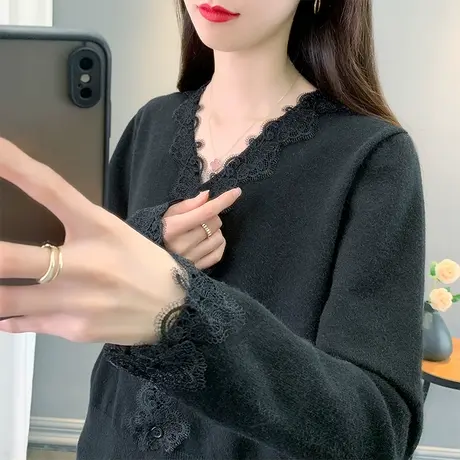 v领毛衣开衫女套头2023秋装新款蕾丝外穿针织外套上衣内搭打底衫商品大图