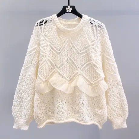 小香风网纱拼接镂空毛衣女秋冬2023新款宽松慵懒风套头针织衫上衣商品大图
