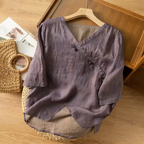 享永子苎麻衬衫女斜襟文艺复古设计感棉麻上衣女茶服2023春夏新款商品大图