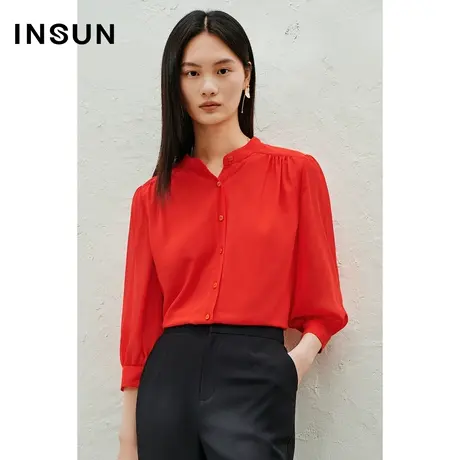 INSUN恩裳线上专选夏季宽松橘红色雪纺衬衫图片