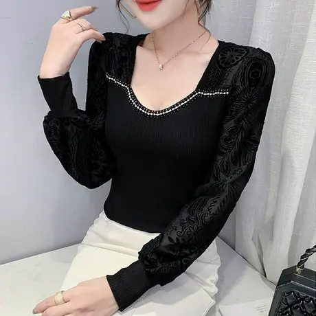 性感V领网纱拼接T恤女长袖洋气修身打底衫春秋新款别致百搭上衣潮图片