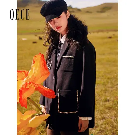 Oece冬新款女学院复古设计感羊毛呢大衣气质外套图片