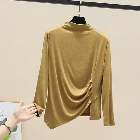 莫代尔棉长袖T恤女夏季时尚不规则侧开叉上衣百搭洋气弹力打底衫图片