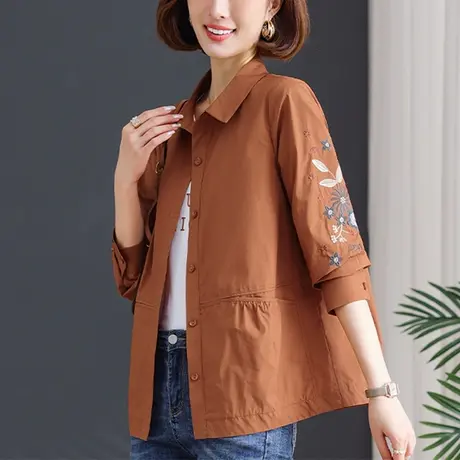 衬衫女长袖春秋新款大码女装上衣宽松中年妈妈民族风刺绣纯棉衬衣图片