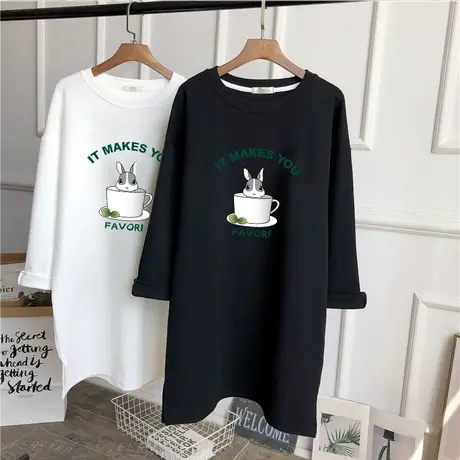 纯棉长袖t恤女韩版宽松中长款大码时尚百搭减龄显瘦圆领磨毛上衣图片