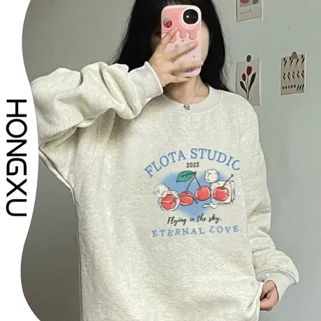 红续秋冬季加绒加厚保暖印花圆领上衣oversize显瘦百搭男女卫衣潮图片