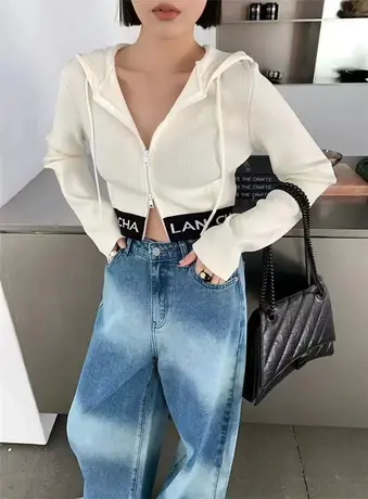 2023春季新款韩版修身显瘦百搭字母拼接连帽针织开衫洋气上衣女潮商品大图