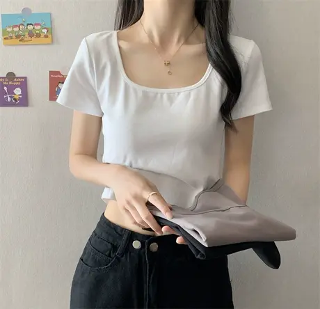 ins超火设计感圆领短袖T恤女夏韩版潮小众短款高腰纯色紧身上衣服图片