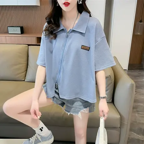 小众设计感短袖t恤女夏韩版宽松小个子不规则开叉短款polo衫上衣图片