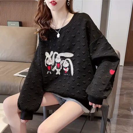 设计感小众华夫格卫衣女春秋季韩版宽松薄款兔子假两件上衣外套潮图片