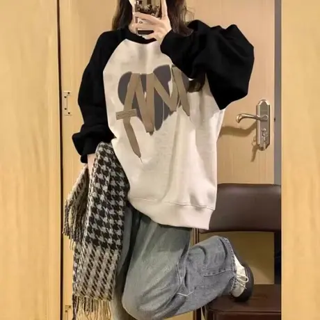 ins潮牌薄款插肩袖卫衣女春秋韩版宽松显瘦撞色拼接长袖圆领上衣图片