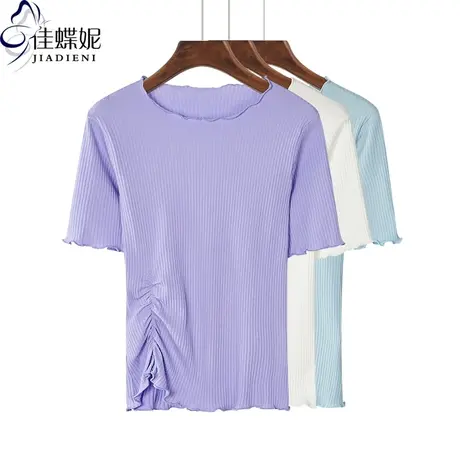 夏季新款韩版纯棉圆领荷叶边修身显瘦褶皱小心机褶皱短袖体恤上衣商品大图