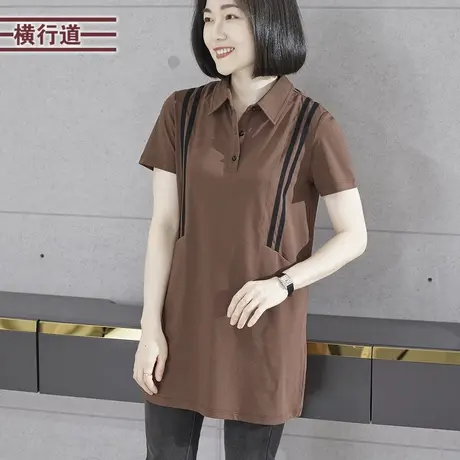 简约休闲翻领撞色中长款短袖宽松T恤2025夏季新款女上衣外穿大码商品大图