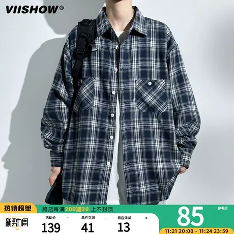 VIISHOW港风长袖格子衬衫男士春秋季新款宽松潮牌百搭休闲男衬衣商品大图