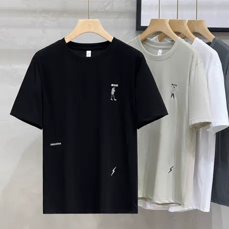 冰丝棉黑色丝光卡通人刺绣圆领短袖t恤男2023夏季半袖体恤男上衣商品大图