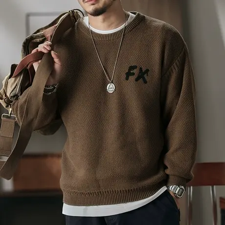 复古长袖毛衣持久鲜亮定制精梳混纺睛纶棉宽松慵懒风潮流毛衣男商品大图