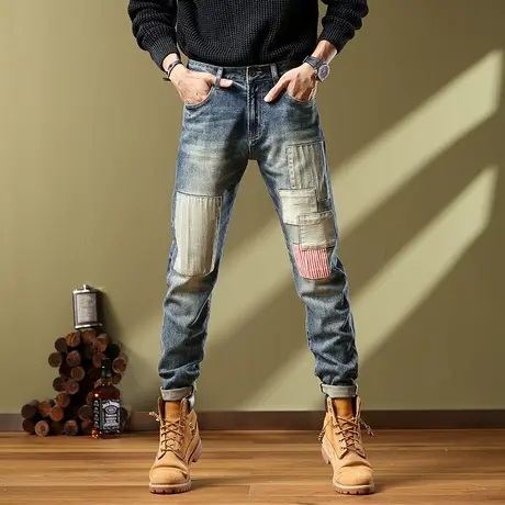 美式复古牛仔裤男款修身小脚印花水洗牛仔宽松破洞潮流牛仔裤男图片