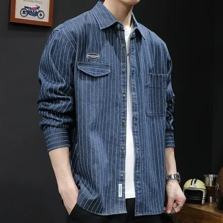 条纹衬衫男士工装外套春季2024新款春秋款潮牌休闲牛仔衬衣男长袖商品大图