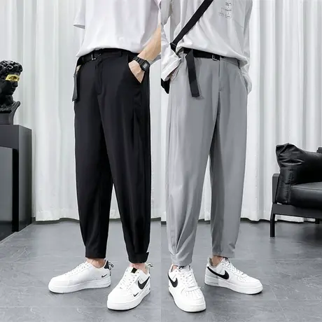 休闲裤男九分裤夏季超薄冰丝速干束脚裤ins韩版潮流松紧腰带西裤图片